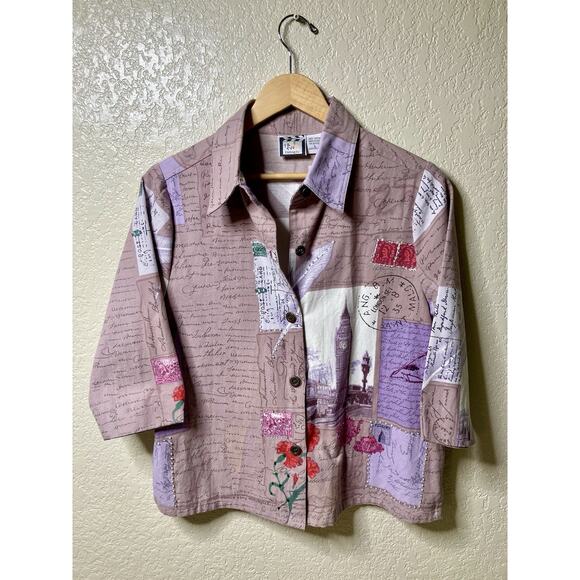 Take Two Jacket Size Large Postcard Travel Resort Vacation Button 3/4 Sleeve - Picture 1 of 15